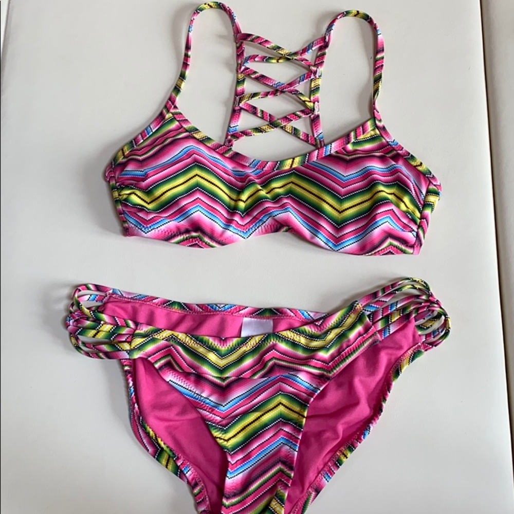 Xhiliration striped bikini with strappy back